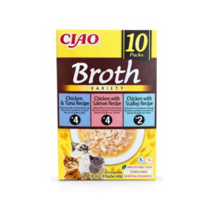 CIAO Broth Variety (10x40 gr) - Caldo Complementario para Gatos Sin Cereales con Extracto de Té Verde y Vitamina E (Pollo con Atún, Pollo con Salmón y Pollo con Vieiras)
