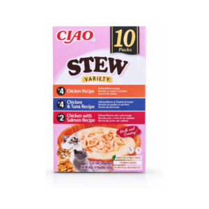 CIAO Stew Variety (10x40 gr) - Estofado Cremoso Complementario para Gatos Sin Cereales con Extracto de Té Verde y Vitamina E (Pollo, Pollo con Atún y Pollo con Salmón)