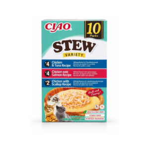 CIAO Stew Variety (10x40 gr) - Estofado Cremoso Complementario para Gatos Sin Cereales con Extracto de Té Verde y Vitamina E (Pollo con Atún, Pollo con Salmón y Pollo con Vieiras)