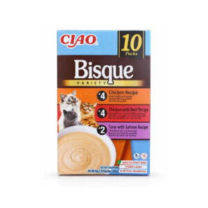 CIAO Bisque Variety (10x40 gr) - Puré Cremoso Complementario para Gatos Sin Cereales con Extracto de Té Verde y Vitamina E (Pollo, Pollo con Ternera y Atún con Salmón)
