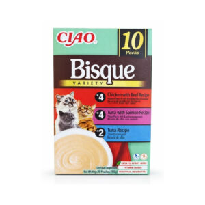 CIAO Bisque Variety (10x40 gr) - Puré Cremoso Complementario para Gatos Sin Cereales con Extracto de Té Verde y Vitamina E (Pollo con Ternera, Atún con Salmón y Atún)