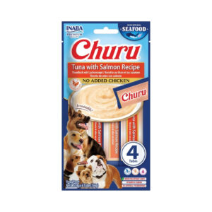 CHURU Seafood Perros Receta de Atún con Salmón (4x14 gr) - Snack Cremoso Húmedo Complementario para Perros sin Pollo