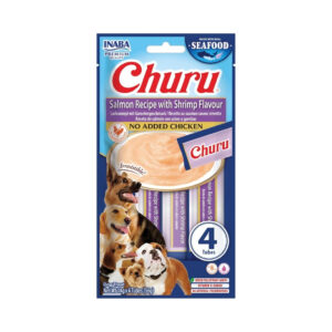 CHURU Seafood Perros Receta de Salmón con Sabor a Gamba (4x14 gr) - Snack Cremoso Húmedo Complementario para Perros sin Pollo