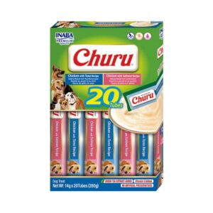 CHURU Perros Multipack Caja Variedad de Pollo y Pescados (20x14 gr) - Snack Cremoso Húmedo Complementario para Perros (Pollo con Atún y Pollo con Salmón)