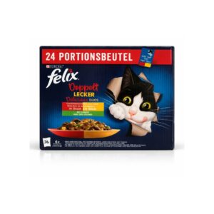 FELIX Deliciosos Dúos Gelatina con Verduras (24x85 gr) - Alimento Completo para Gatos Adultos con Sabores Mixtos con Verduras (Buey y Ave, Cordero y Pollo, Pavo y Pato, Cerdo y Caza)