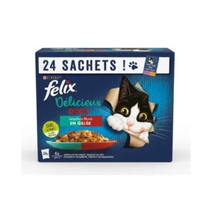 FELIX Deliciosos Dúos Gelatina (24x85 gr) - Alimento Completo para Gatos Adultos con Sabores Mixtos (Cordero y Pollo, Pavo e Hígado, Salmón y Sardina, Trucha y Caballa)