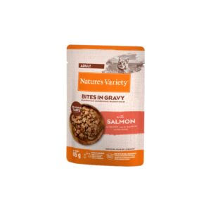 NATURE´S VARIETY Bites in Gravy (85 gr) - Comida Húmeda para Gatos Adultos Cocinada al Vapor (Salmón, Pollo, Pavo, Atún, Bacalao ó Pescado del Océano)