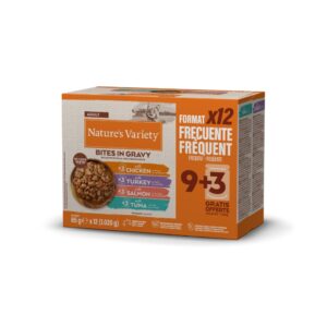 NATURE´S VARIETY Bites in Gravy Multipack (12x85 gr) (Pollo, Pavo, Salmón y Atún) - Comida Húmeda para Gatos Adultos Cocinada al Vapor