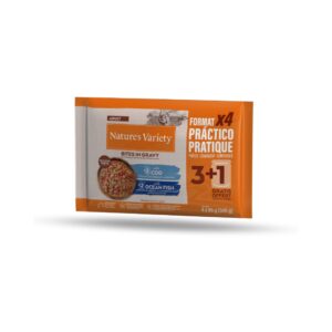NATURE´S VARIETY Bites in Gravy (Bacalao y Pescado del Océano) Pack (4x85 gr) - Comida Húmeda para Gatos Adultos Cocinada al Vapor