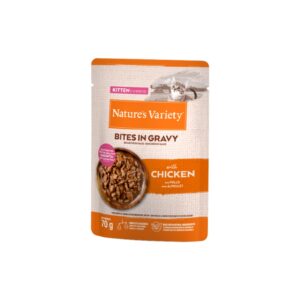 NATURE´S VARIETY Bites in Gravy (70 gr) - Comida Húmeda para Gatitos (1-12 Meses) Cocinada al Vapor (Pollo ó Salmón)