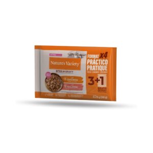 NATURE´S VARIETY Bites in Gravy Kitten (Pollo y Salmón) Pack (4x70 gr) - Comida Húmeda para Gatitos (1-12 Meses) Cocinada al Vapor Sin Cereales