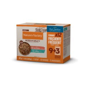 NATURE´S VARIETY Bites in Gravy Multipack (12x85 gr) (Salmón y Atún) - Comida Húmeda para Gatos Adultos Cocinada al Vapor