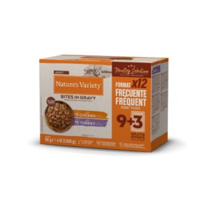 NATURE´S VARIETY Bites in Gravy Multipack (12x85 gr) (Pollo y Pavo) - Comida Húmeda para Gatos Adultos Cocinada al Vapor