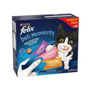 FELIX Deli Moments (48x10 gr) - Caja Multipack de Snack Cremoso para Gatos Adultos (Salmón, Pato y Pollo)
