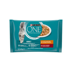 PURINA ONE Adult Finas Láminas en Salsa (4x85 gr) (Buey y Zanahorias / Pollo y Judías Verdes) - Comida Húmeda para Gatos Adultos con Defensas Naturales Fuertes y Sistema Urinario Saludable