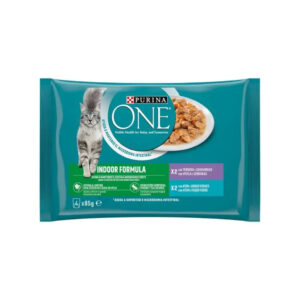 PURINA ONE Indoor Formula Finas Láminas en Salsa (4x85 gr) (Atún y Judías Verdes / Ternera y Zanahorias) - Comida Húmeda para Gatos Adultos de Interior con Control de Bolas de Pelo