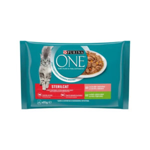 PURINA ONE Sterilcat Finas Láminas en Salsa (4x85 gr) (Salmón y Zanahorias / Pavo y Judías Verdes) - Comida Húmeda para Gatos Adultos Esterilizados