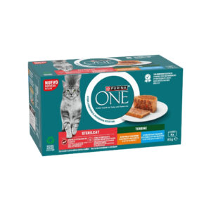 PURINA ONE Esterilizado Terrina Multipack (4x85 gr) - Comida Húmeda para Gatos Adultos Esterilizados Cocida al Vapor con 90% Proteína Animal (Pollo y Zanahorias / Bacalao y Calabacín)