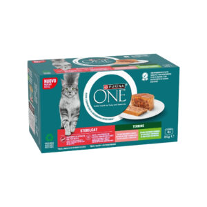 PURINA ONE Esterilizado Terrina Multipack (4x85 gr) - Comida Húmeda para Gatos Adultos Esterilizados Cocida al Vapor con 90% Proteína Animal (Salmón y Zanahorias / Pavo y Espinacas)