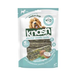 KNASH Dental Woofa Loofa Medium (7 uds) - Snack Vegetal Dental para Perros Medianos (10-25 kg) con Menta, Perejil y Coco