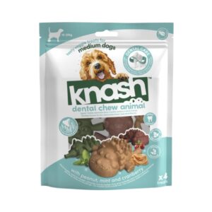 KNASH Dental Chew Animal Medium (4 uds) - Snack Dental Vegetal para Perros Medianos (10-25 kg) con Cacahuete, Menta y Arándano