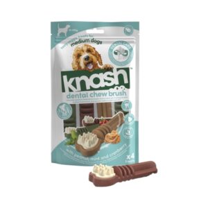 KNASH Dental Chew Brush Medium (4 uds) - Snack Dental Vegetal para Perros Medianos (10-25 kg) con Cacahuete, Menta y Arándano