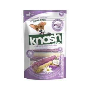 KNASH Calming Woofa Loofa (7 uds) - Snack Vegetal Calmante y Dental para Perros Adultos Pequeños (Hasta 10 kg) con Boniato, Manzanilla y Coco