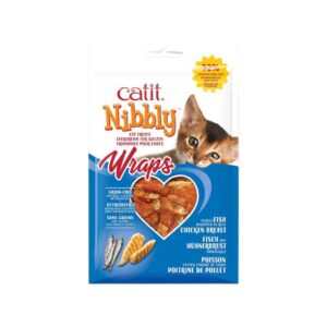 CATIT Nibbly Wraps Pollo y Pescado (30 gr) - Snack Masticable Natural para Gatos 92% Pollo y Pescado, Sin Cereales y Bajo en Calorías (Anchoas Envueltas en Pechuga de Pollo)