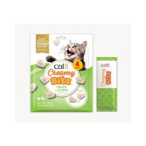 CATIT Creamy Bitz (4x12 gr) - Snacks tiernos y jugosos para gatos sin Cereales (Pollo con Pato, Pollo con Vieira, Salmón con Gambas ó Atún con Sabor a Cangrejo)