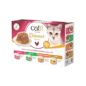 CATIT Cuisine Dinner Pollo Pack Variado (12x75 gr) - Comida Húmeda Completa para Gatos en Tarrina de Doble Capa Sin Cereales con Taurina (Pollo con Pato, Pollo con Salmón, Pollo con Vacuno y Calabaza, Pollo con Hígado)