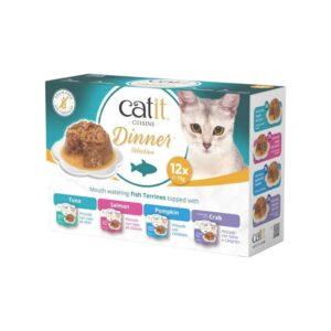 CATIT Cuisine Dinner Pescado Pack Variado (12x75 gr) - Comida Húmeda Completa para Gatos en Tarrina de Doble Capa Sin Cereales con Taurina (Atún, Salmón, Calabaza y Cangrejo)