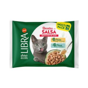 LIBRA Recetas en Salsa de Pollo y Pavo (4x85 gr) - Comida Húmeda para Gatos Adultos en Salsa con Selección de Aves, Taurina e Inulina