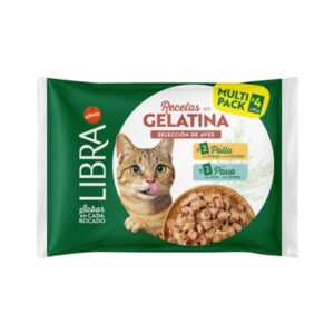 LIBRA Recetas en Gelatina de Pollo y Pavo (4x85 gr) - Comida Húmeda para Gatos Adultos en Gelatina con Selección de Aves, Taurina, Biotina e Inulina