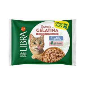 LIBRA Recetas en Gelatina de Atún y Salmón (4x85 gr) - Comida Húmeda para Gatos Adultos en Gelatina con Selección de Pescados, Taurina e Inulina