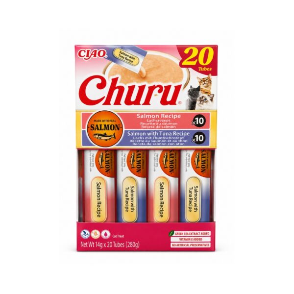 CHURU Surtido Salmón (20x14 gr) - Snack Cremoso para Gatos con Salmón Real Sin Cereales (Salmón y Salmón con Atún)