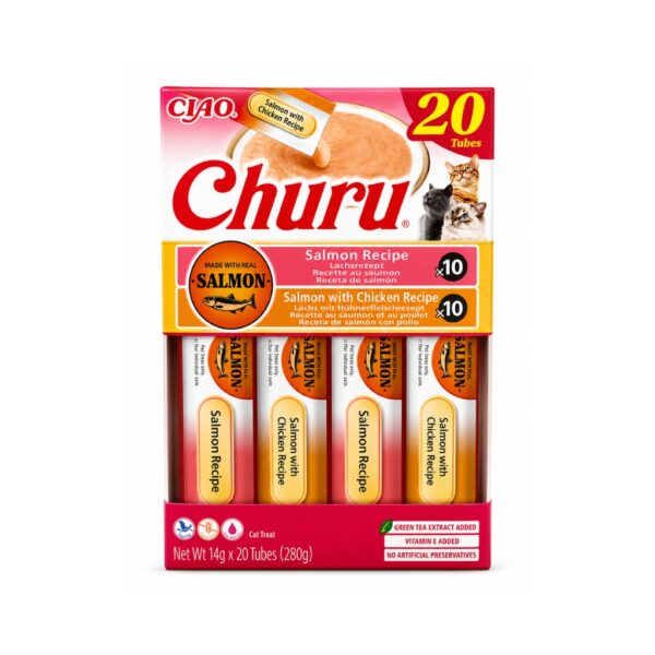 CHURU Surtido Salmón (20x14 gr) - Snack Cremoso para Gatos con Salmón Real Sin Cereales (Salmón y Salmón con Pollo)