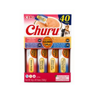 CHURU Surtido Salmón 4 Sabores (40x14 gr) - Snack Cremoso para Gatos con Salmón Real Sin Cereales (Salmón, Salmón con Atún, Salmón con Pollo ó Salmón con Vieira)