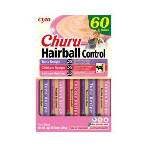 CHURU Hairball Control - Snack Cremoso para Gatos Sin Cereales y con Fibra y Quitosano Control Bolas de Pelo Sin Conservantes Artificiales (Atún, Pollo y Salmón)