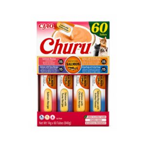 CHURU Surtido Salmón 4 Sabores (60x14 gr) - Snack Cremoso para Gatos con Salmón Real Sin Cereales (Salmón, Salmón con Atún, Salmón con Pollo ó Salmón con Vieira)