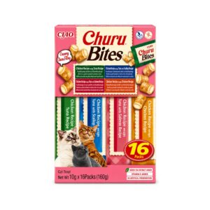CHURU Bites (16x10 gr) - Snack Doble Textura para Gatos con Relleno Cremoso Churu Sin Cereales (Pollo envuelve Atún, Pollo envuelve Atún con Vieira, Pollo envuelve Atún con Salmón y Pollo envuelve Pollo)