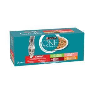 PURINA ONE Sterilcat Multipack (40x85 gr) - Comida Húmeda para Gatos Adultos Esterilizados de Trozos en Salsa (Pavo con Judias Verdes, Buey con Zanahorias, Salmón con Zanahorias, Pollo con Judias Verdes)