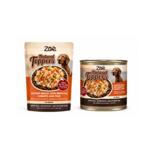 ZOË Natural Toppers - Alimento Húmedo Complementario para Perros de Trozos en Caldo (Pechuga de Pollo con Brócoli, Zanahorias y Guisantes)