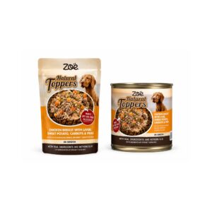 ZOË Natural Toppers - Alimento Húmedo Complementario para Perros de Trozos en Caldo (Pechuga de Pollo con Hígado, Boniato, Zanahorias y Guisantes)