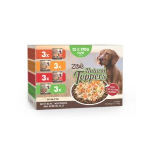 ZOË Natural Toppers Multipack (12x170 gr) - Alimento Húmedo Complementario para Perros de Trozos en Caldo (4 Sabores)