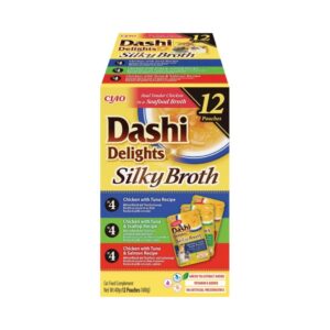 DASHI DELIGHTS Silky Broth Pollo (12x40 gr) - Caldo Sedoso con Tiras para Gatos (Pollo con Atún, Pollo con Atún y Vieira, Pollo con Atún y Salmón)