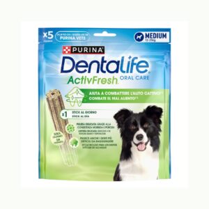 PURINA Dentalife ActivFresh Medium (5 Sticks) - Snack Dental con Espirulina y Miel para Perros de Raza Mediana (12-25 kg)