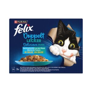 FELIX Selección de Pescados en Gelatina (12x85 gr) - Alimento Húmedo Completo para Gatos (Abadejo y Salmón, Arenque y Trucha, Salmón y Sardina, Trucha y Caballa)